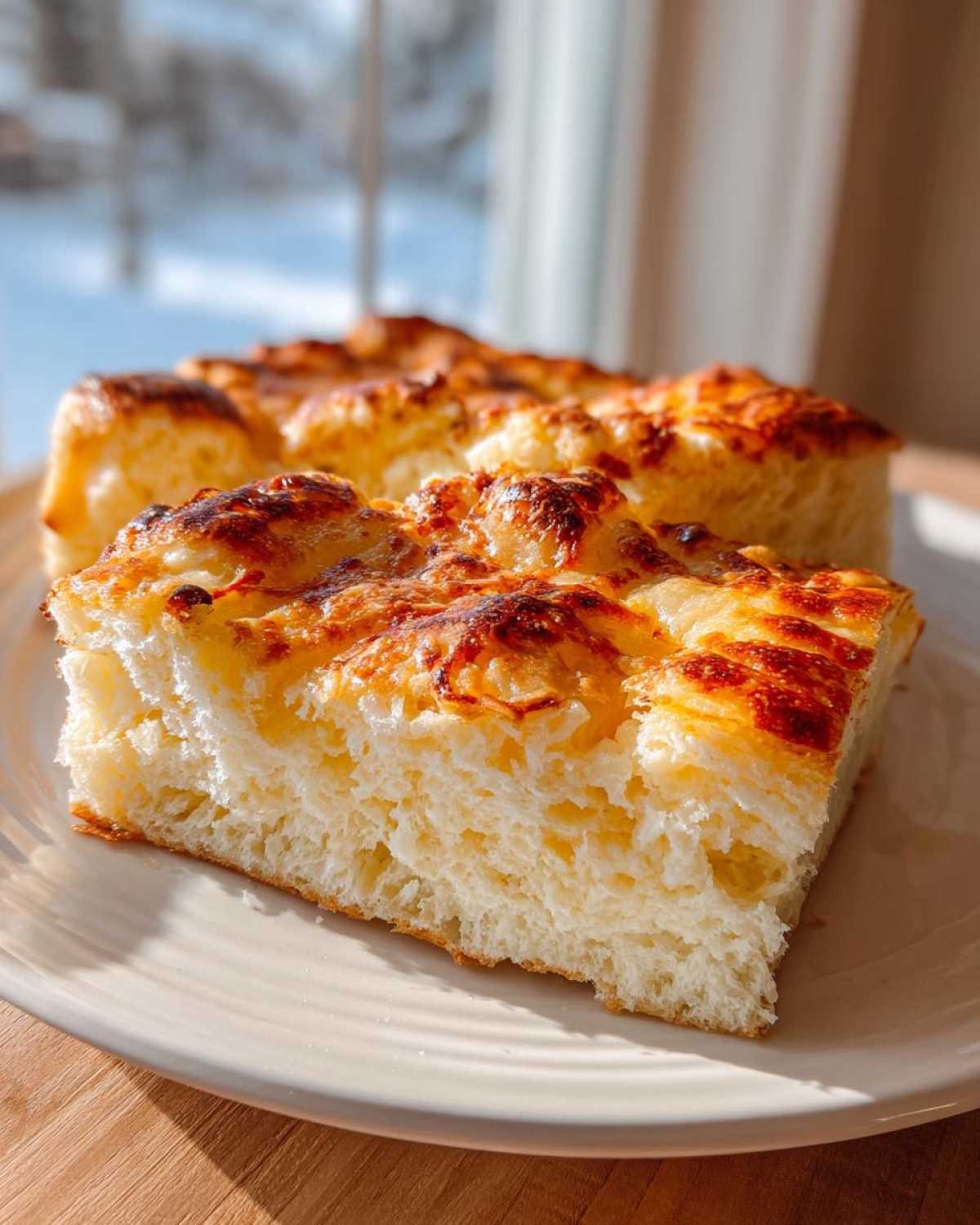 Close-up of a thick slice of fluffy sheet pan pancakes with a golden, slightly browned cheesy or caramelized topping.