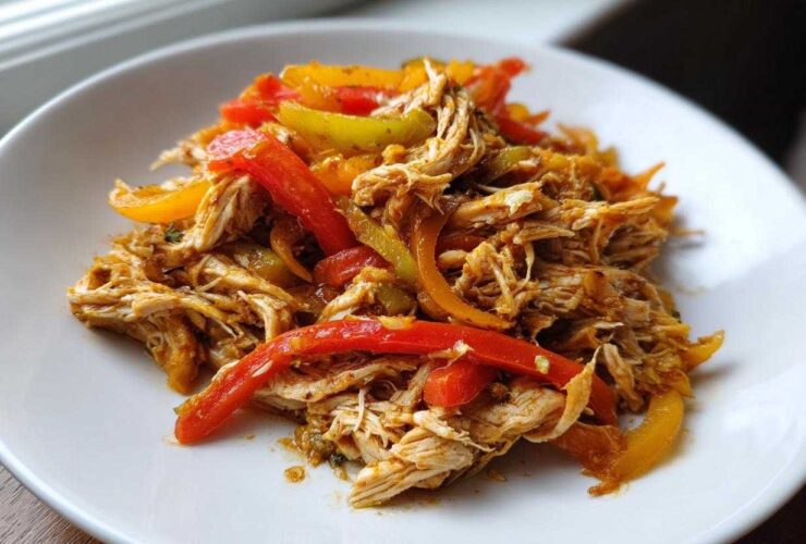 Close-up of shredded chicken mixed with colorful strips of red, yellow, and green bell peppers, ready for crockpot chicken fajitas.