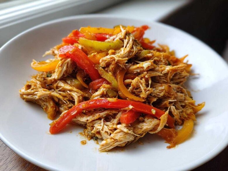 Close-up of shredded chicken mixed with colorful strips of red, yellow, and green bell peppers, ready for crockpot chicken fajitas.