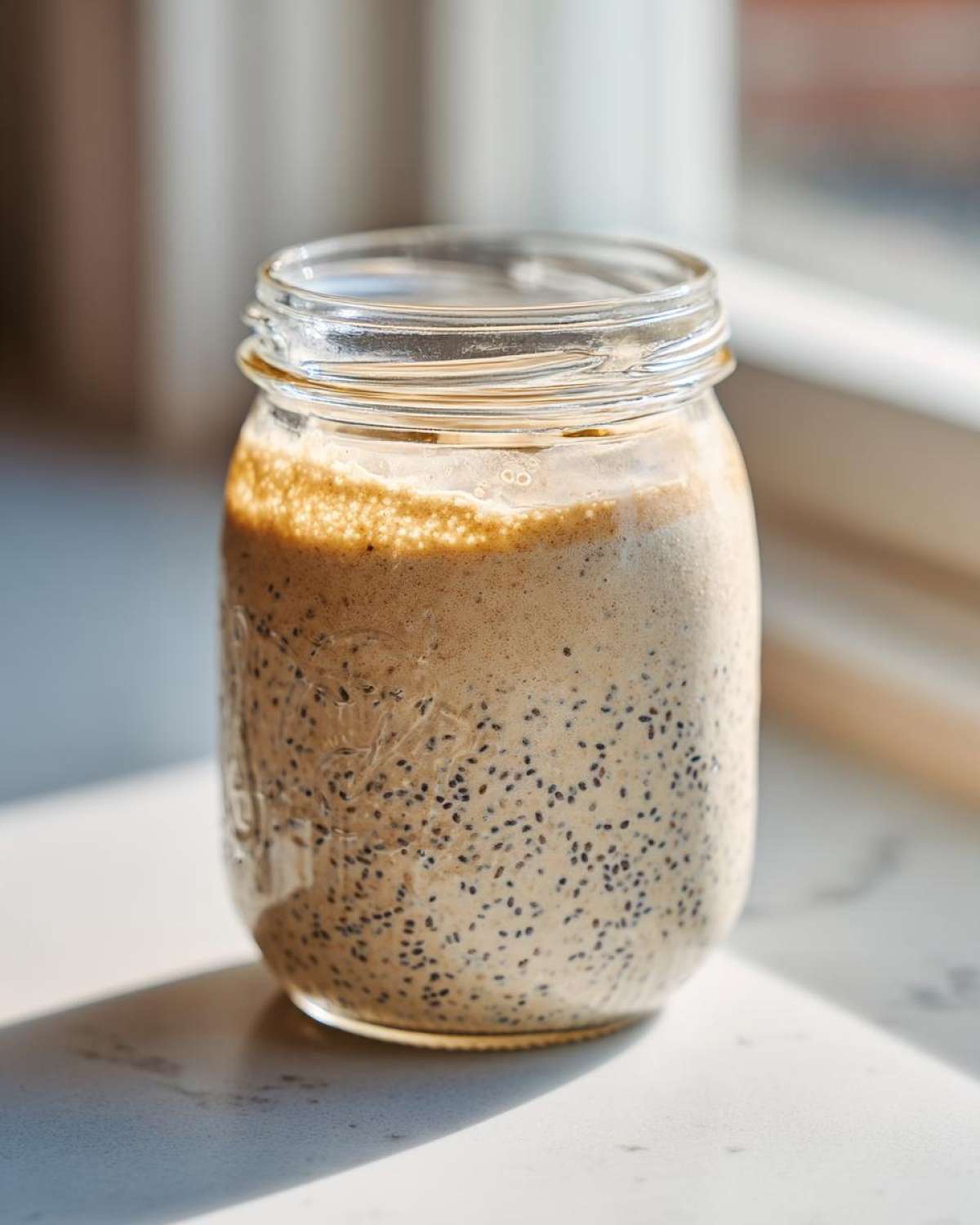 A single serving of creamy, beige chia seed pudding with visible black chia seeds in a glass mason jar.