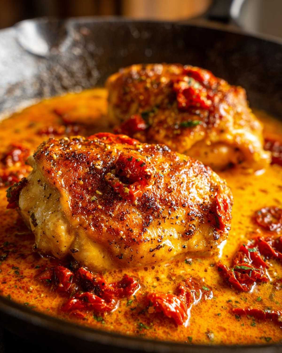 Close-up of two golden-brown Marry Me Chicken pieces simmering in a rich, creamy sauce with sun-dried tomatoes.
