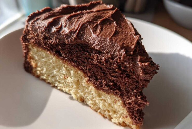 A close-up slice of vanilla cake topped with thick, rich chocolate frosting.