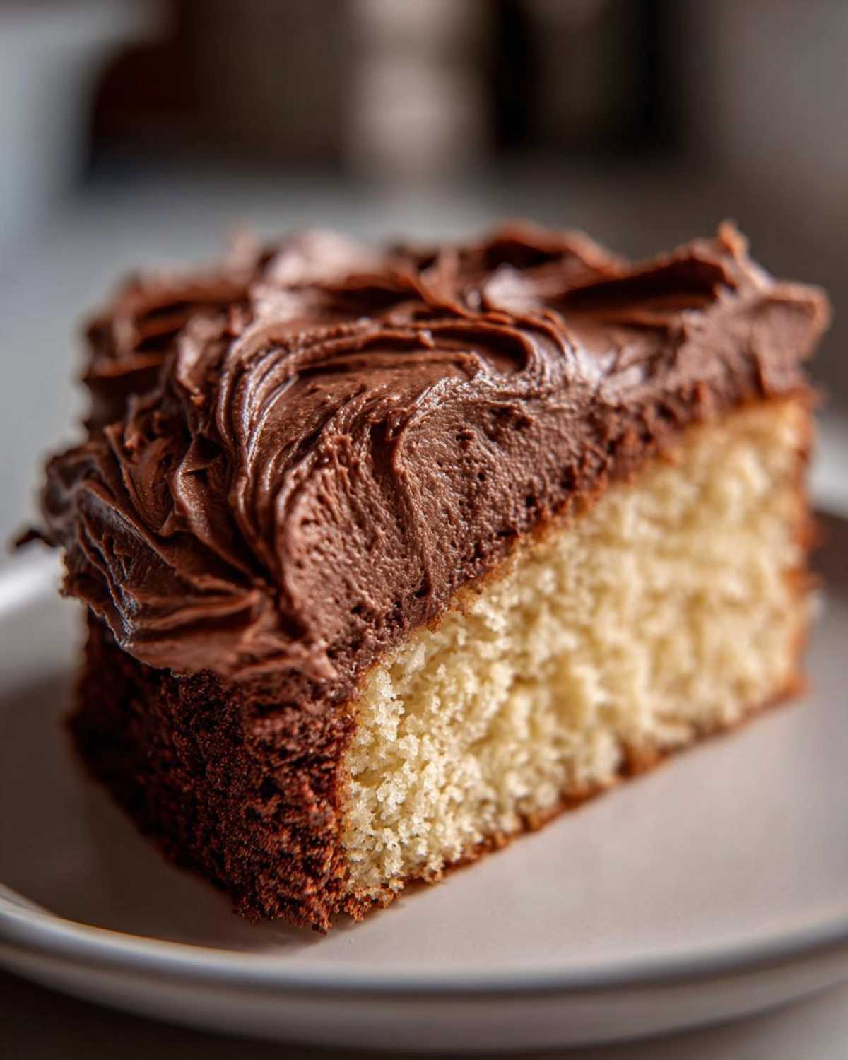 Close-up of a slice of vanilla cake generously topped with rich, swirled chocolate frosting.