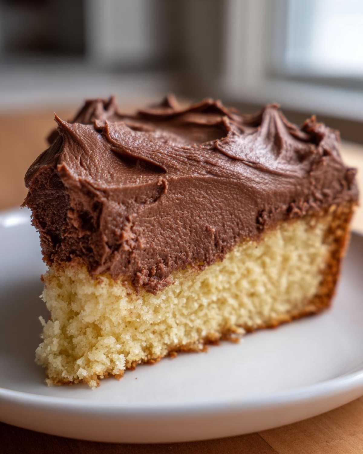 Close-up of a slice of yellow cake generously topped with thick, swirled chocolate frosting.