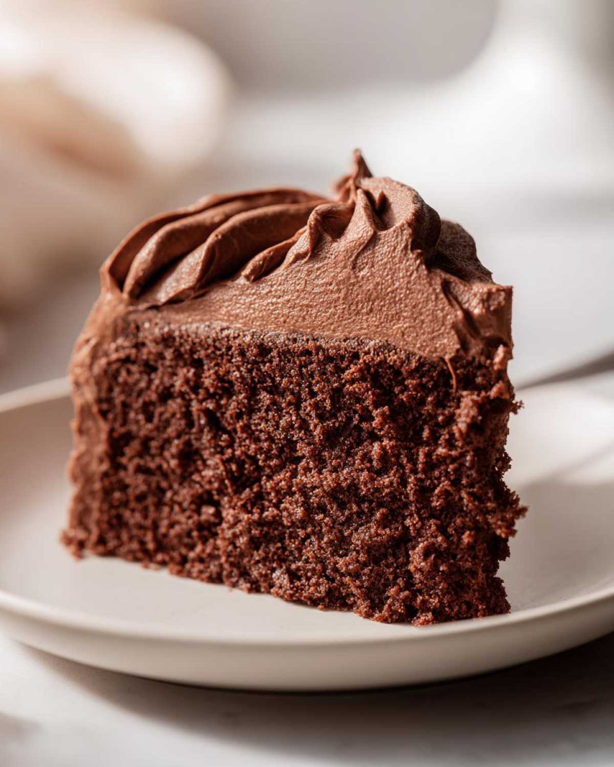 Close-up of a rich slice of chocolate cake topped with thick, piped chocolate frosting.