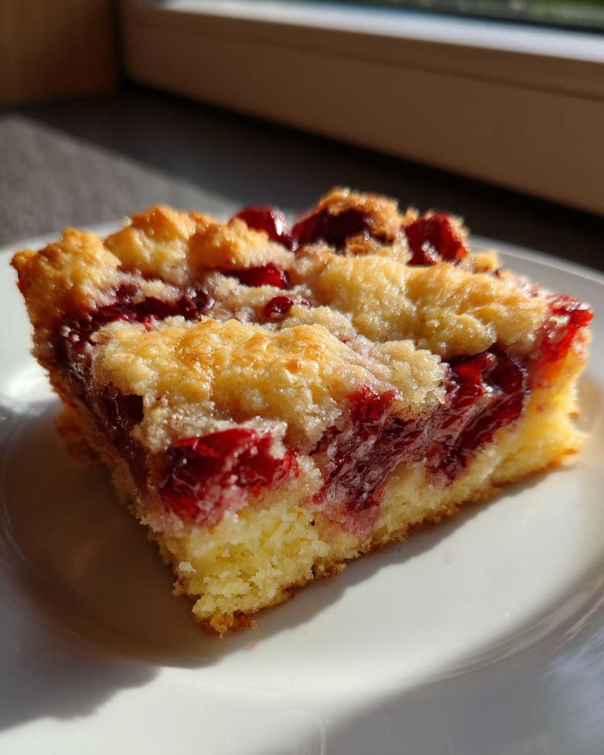 A close-up of a square slice of cherry dump cake showing the bright red cherry filling and golden crumb topping on a white plate.