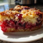 Close-up of a slice of moist cherry dump cake showing bright red cherries and golden cake layers.