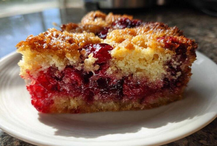 Close-up of a slice of moist cherry dump cake showing bright red cherries and golden cake layers.