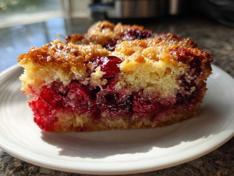 Close-up of a slice of moist cherry dump cake showing bright red cherries and golden cake layers.