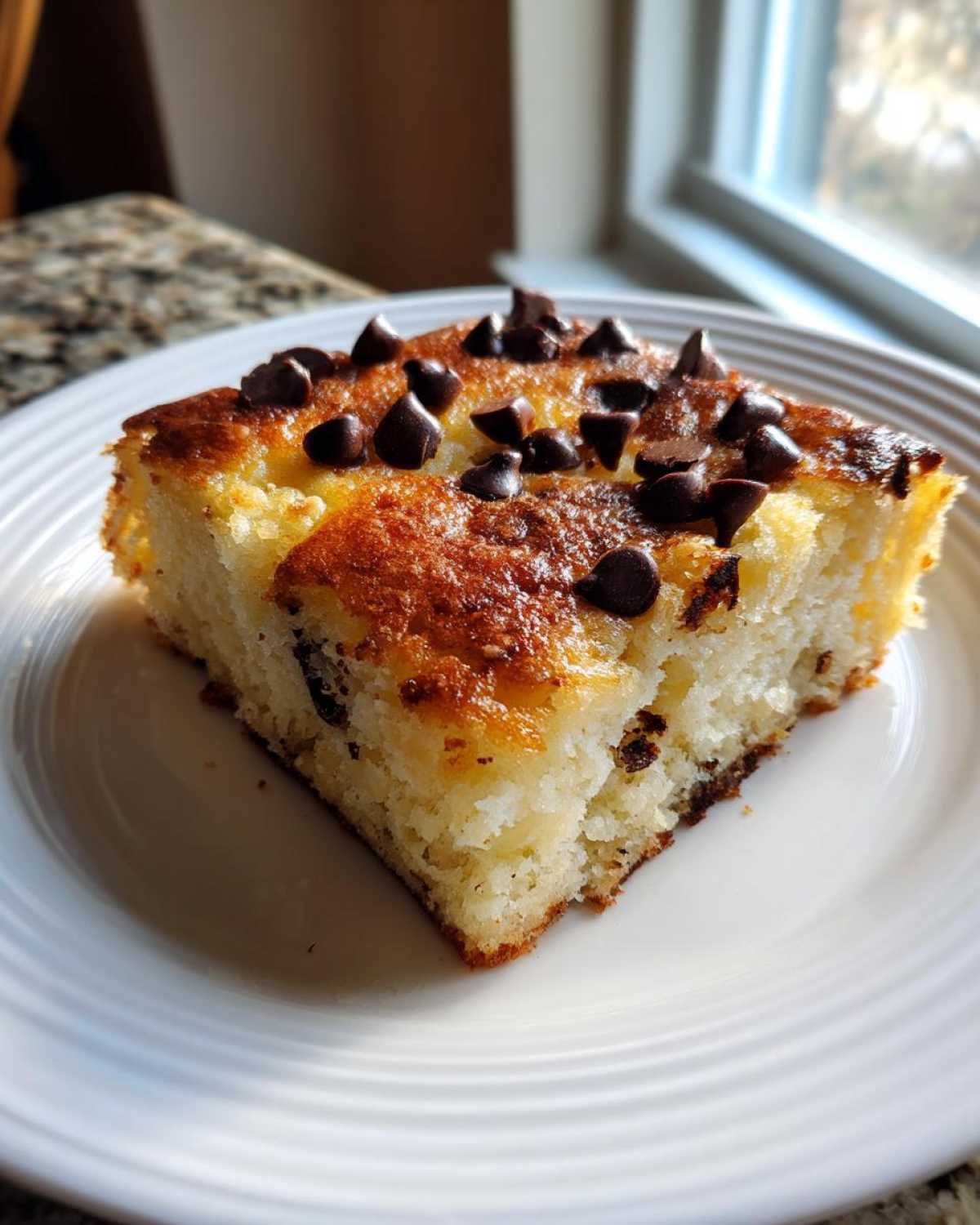 A square slice of fluffy sheet pan pancakes topped with melted chocolate chips on a white plate.