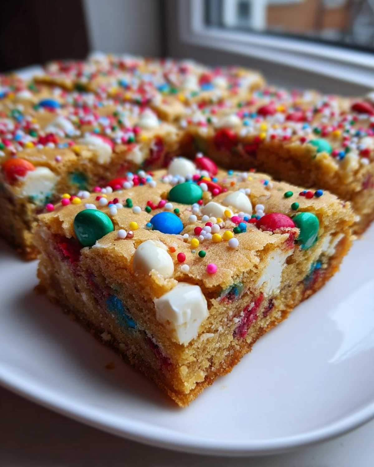 Close-up of a thick, chewy slice of Christmas cookie bars topped with colorful candies and sprinkles.