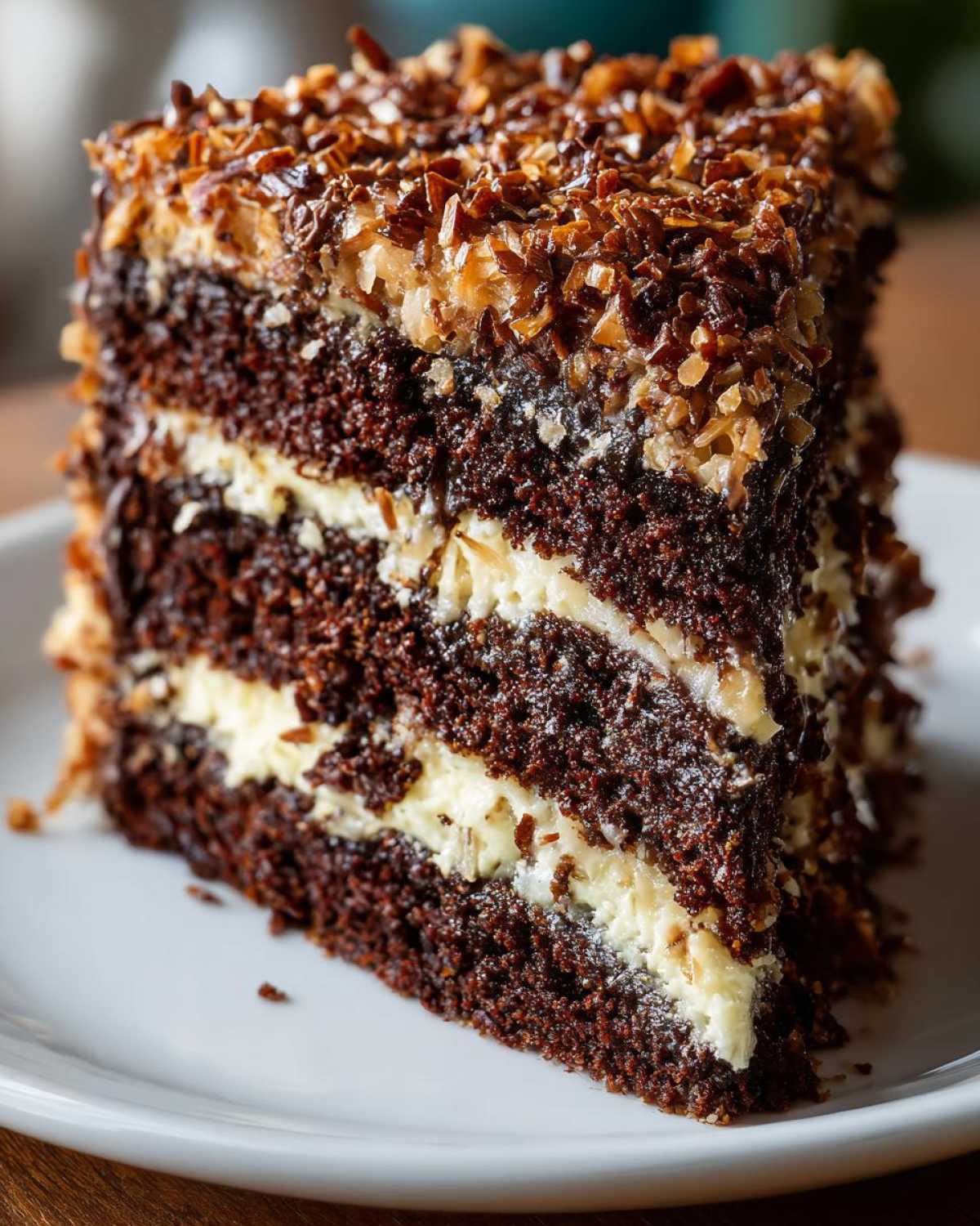 Close-up of a decadent slice of german chocolate cake recipe showing three dark chocolate layers and creamy coconut-pecan frosting.