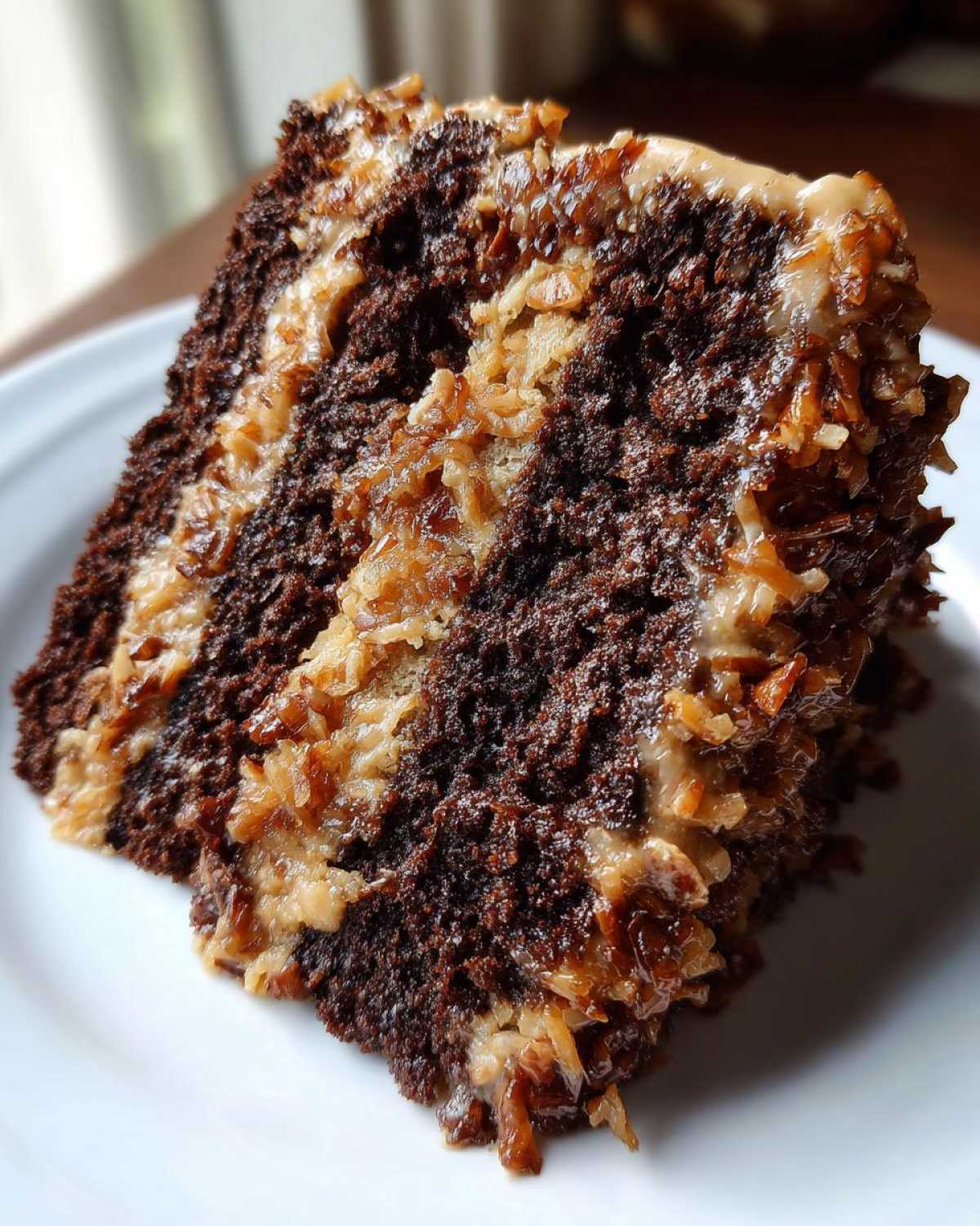 Close-up of a moist slice of german chocolate cake recipe showing dark chocolate layers and pecan coconut frosting.