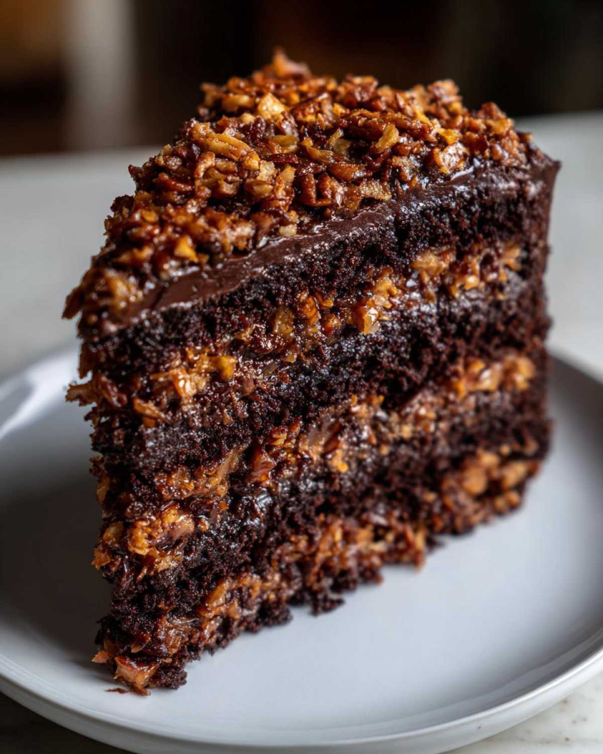 Close-up of a decadent slice of german chocolate cake recipe showing dark layers and coconut pecan filling.