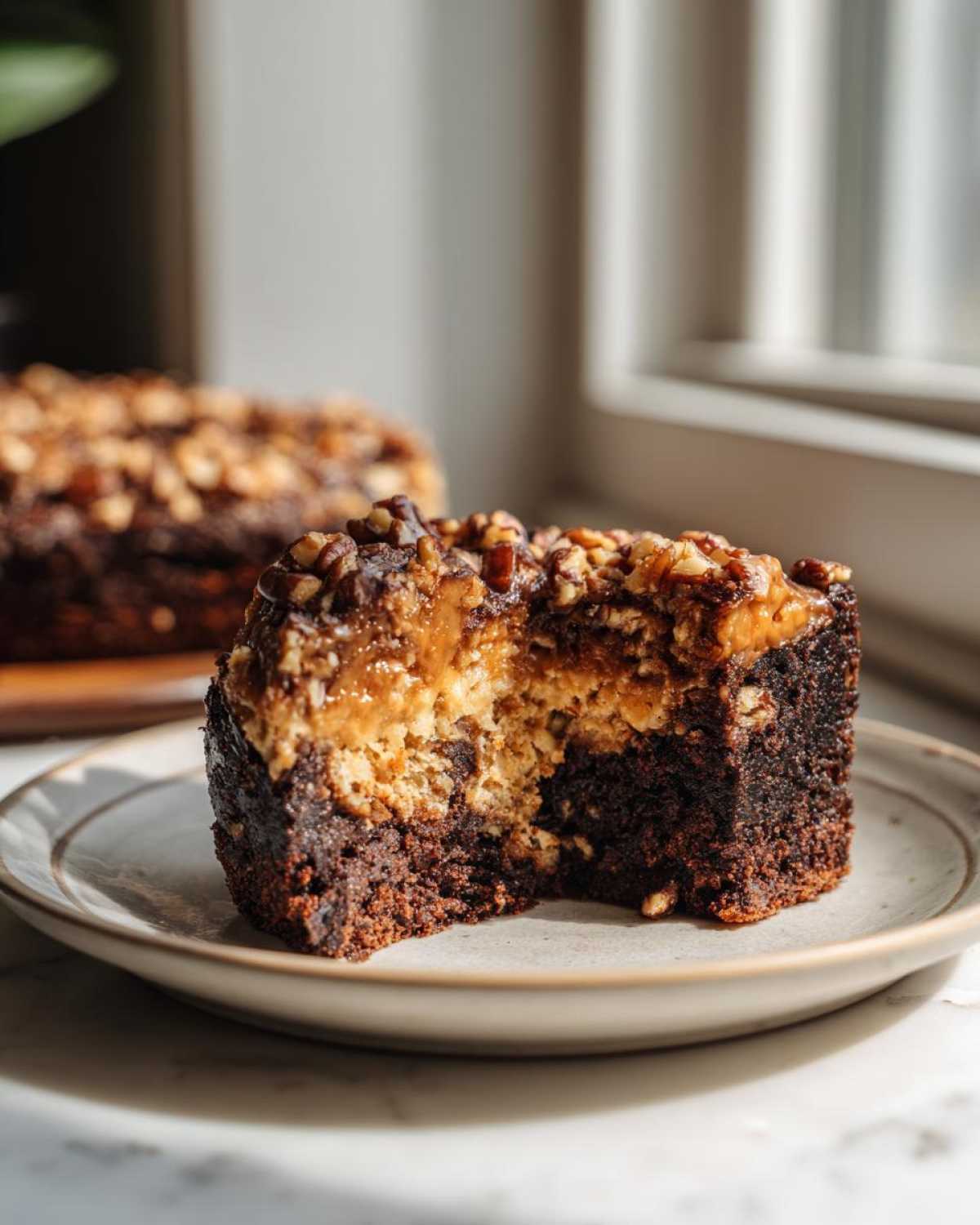 A close-up slice of rich german chocolate poke cake showing the dark chocolate base, gooey filling, and pecan topping.