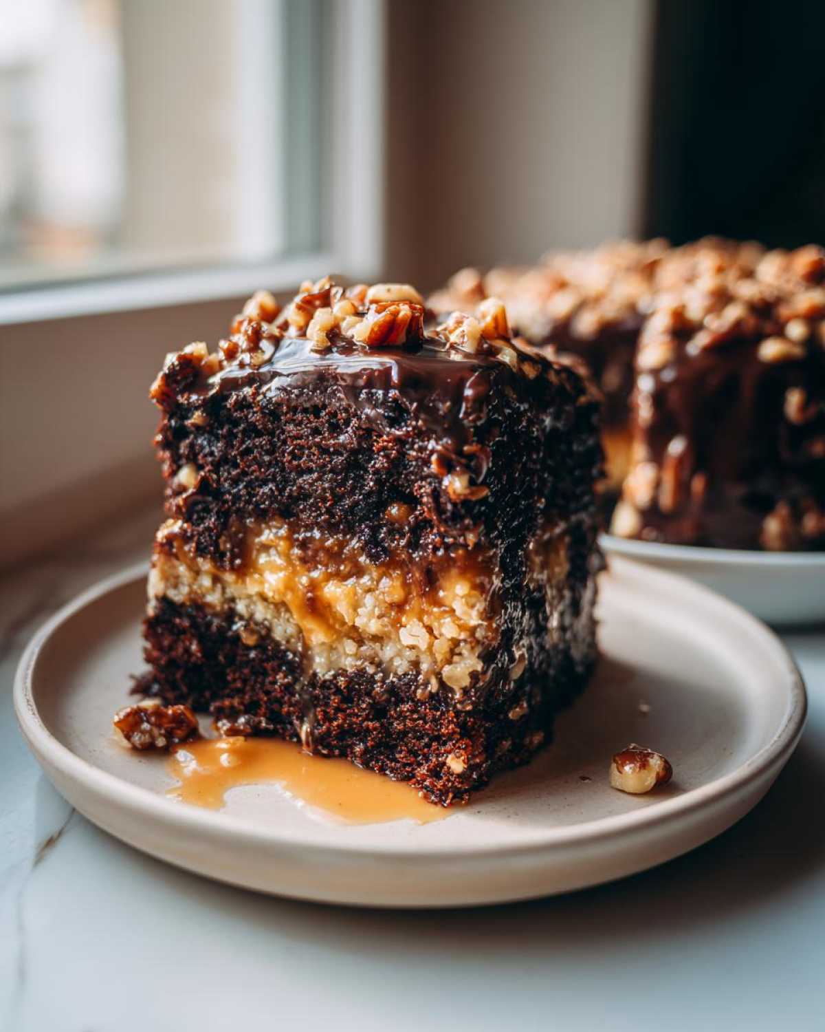 A decadent slice of german chocolate poke cake showing layers of dark chocolate cake, coconut-pecan filling, and chocolate glaze topped with nuts.