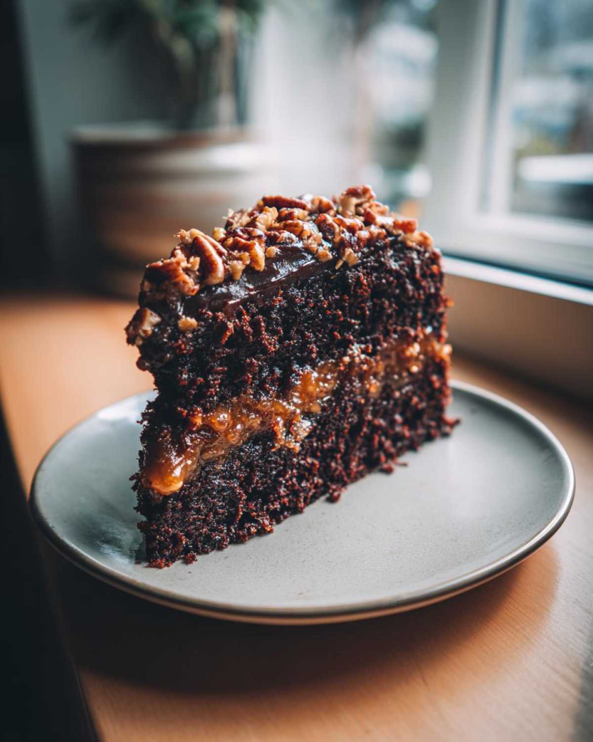 A decadent slice of german chocolate poke cake showing moist dark layers, caramel filling, and pecan topping on a small plate.