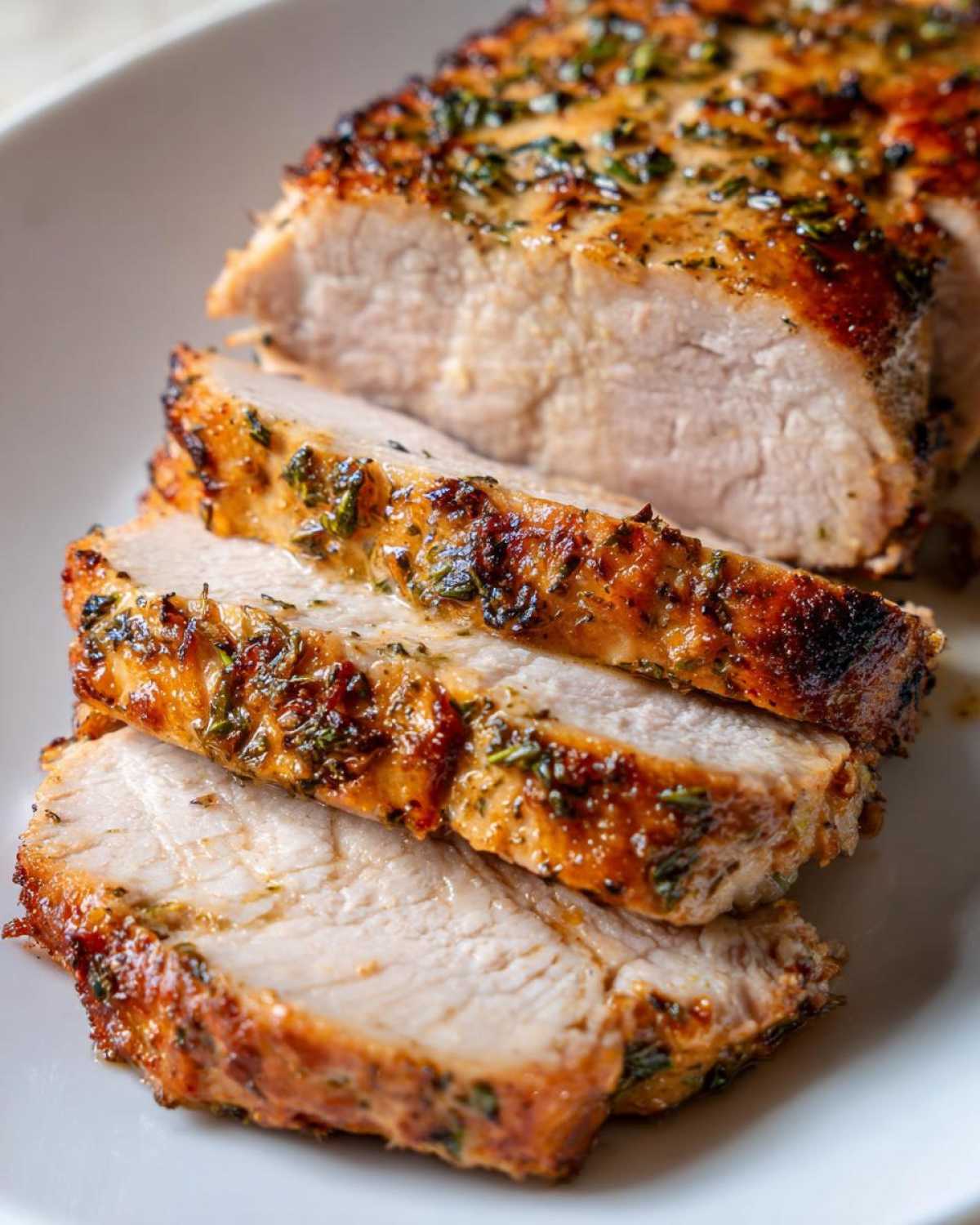 Close-up of perfectly cooked baked chicken breast, sliced to show juicy white meat and herb crust.
