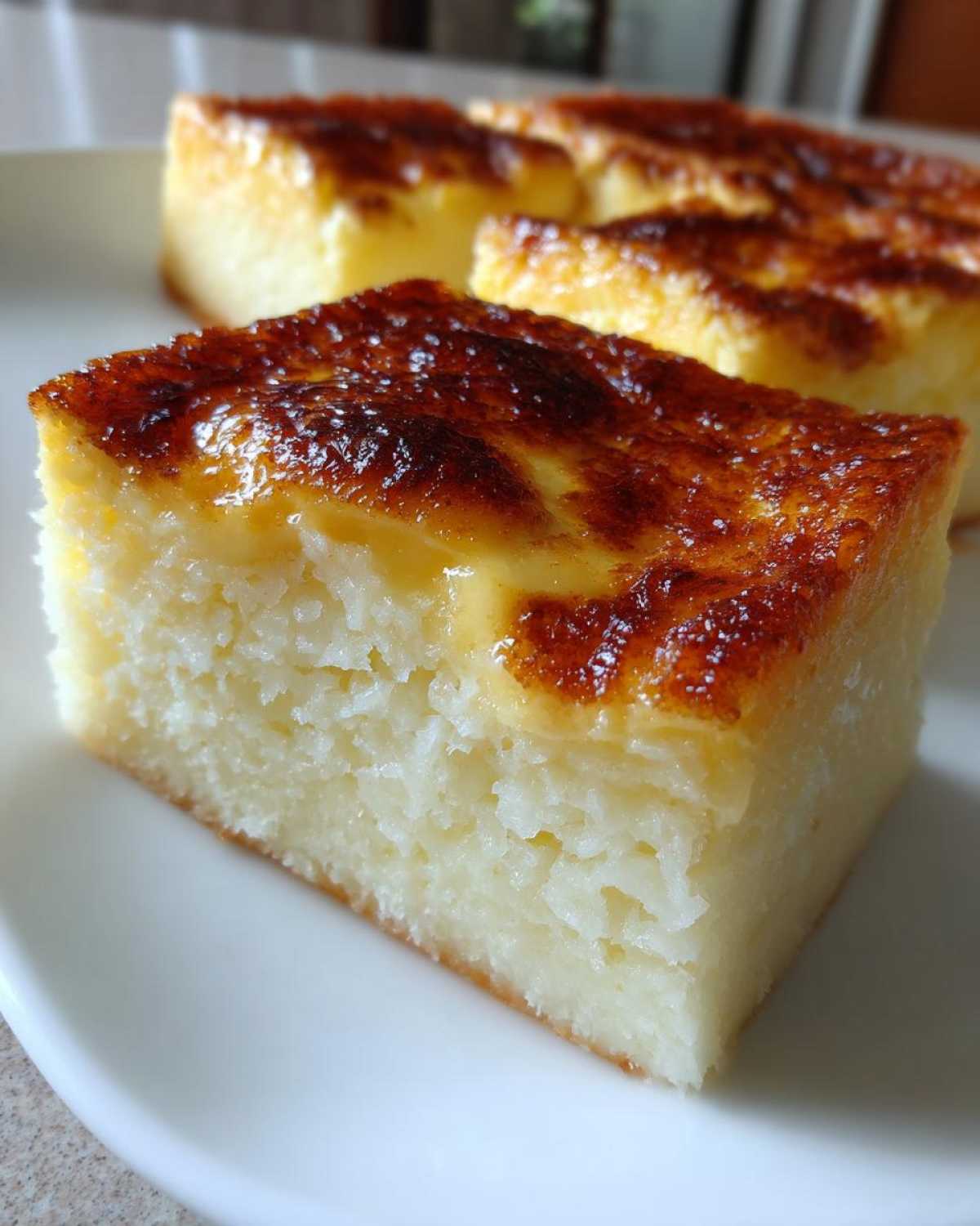 A close-up of a square slice of rich, moist cassava cake featuring a deeply caramelized, golden-brown topping.
