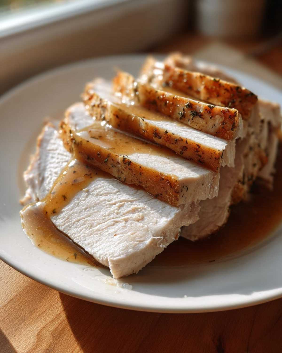 Slices of juicy instant pot turkey breast seasoned with herbs and drizzled with brown gravy on a white plate.