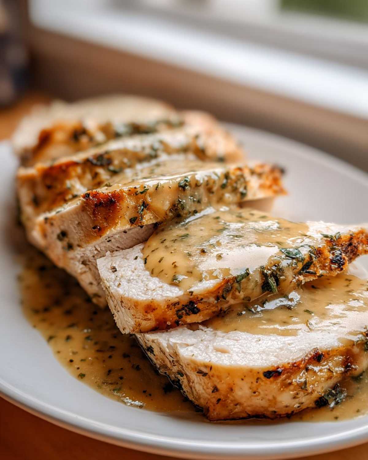 Close-up of thick slices of juicy instant pot turkey breast covered in savory herb gravy.