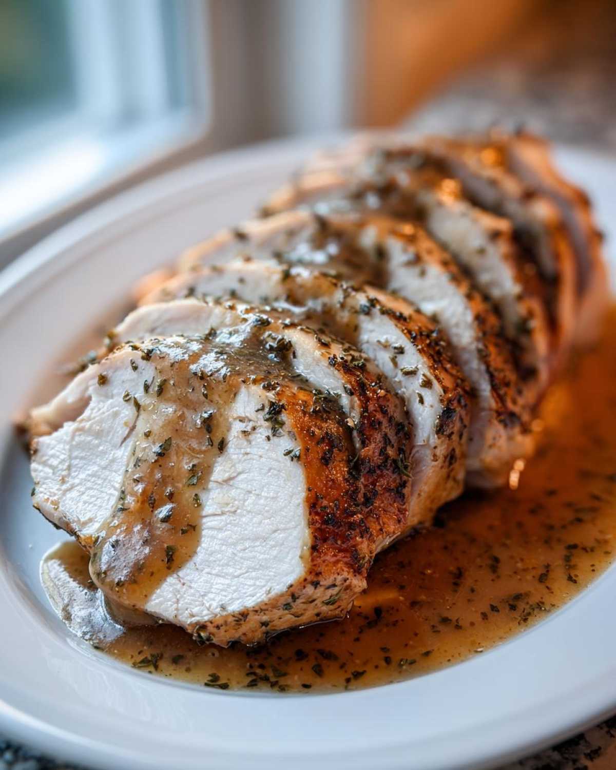 Close-up of perfectly sliced instant pot turkey breast, seasoned and covered in savory herb gravy.