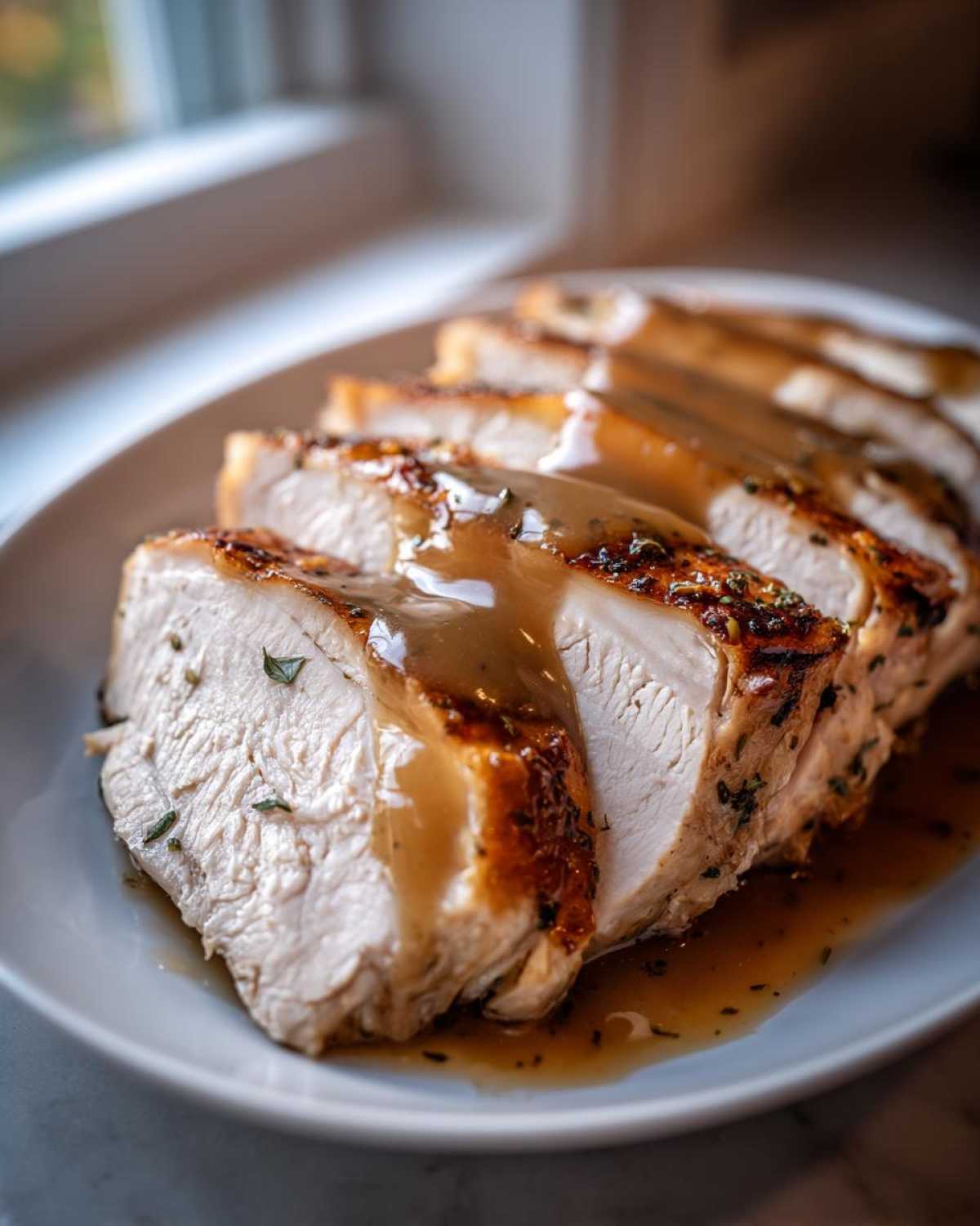Slices of juicy instant pot turkey breast, seasoned and topped with rich brown gravy, resting on a white plate.