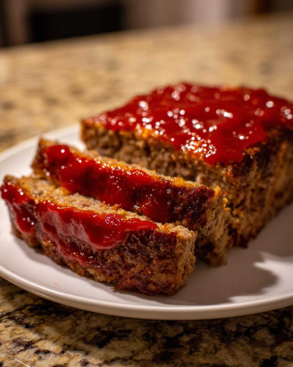 Close-up of a sliced meatloaf topped with a thick, glossy red glaze, resting on a white plate.