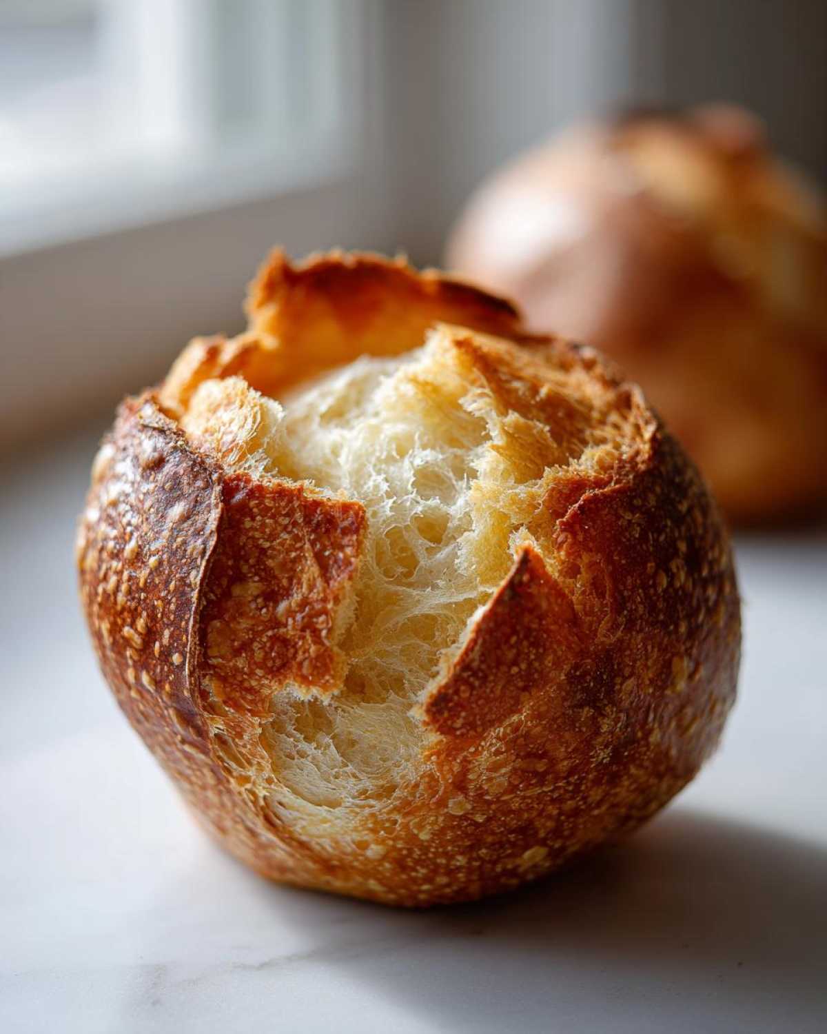 Close-up of a small, round bread bowl with a deeply scored, golden-brown crust revealing the airy interior.
