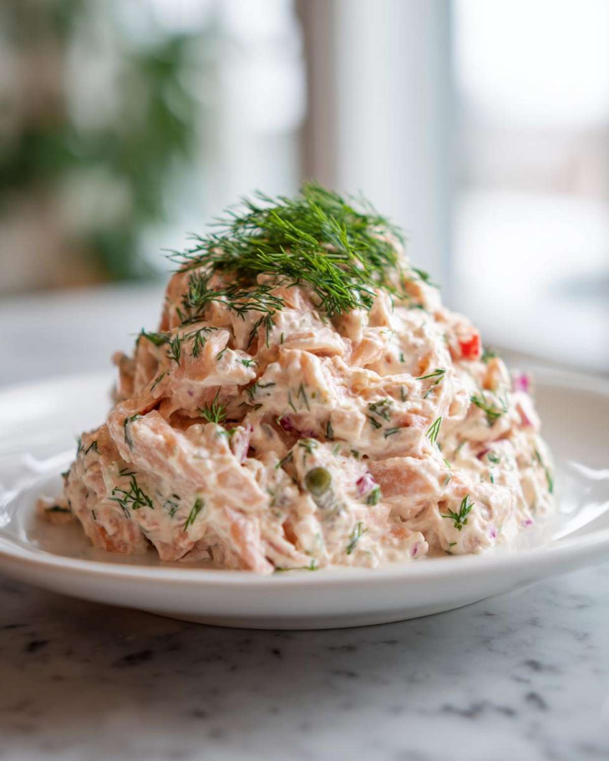 A mound of creamy smoked salmon dip topped generously with fresh dill, served on a white plate.