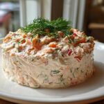 A beautifully molded portion of creamy smoked salmon dip garnished with fresh dill, served on a white plate.