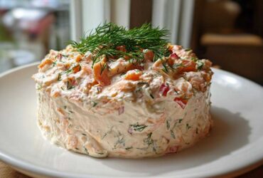 A beautifully molded portion of creamy smoked salmon dip garnished with fresh dill, served on a white plate.