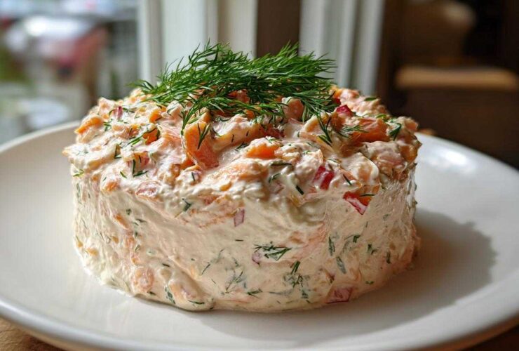 A beautifully molded portion of creamy smoked salmon dip garnished with fresh dill, served on a white plate.