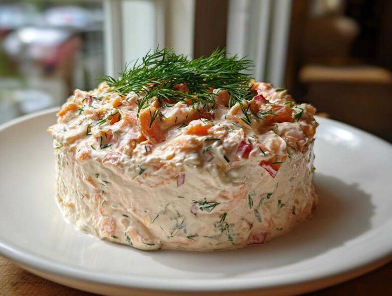 A beautifully molded portion of creamy smoked salmon dip garnished with fresh dill, served on a white plate.