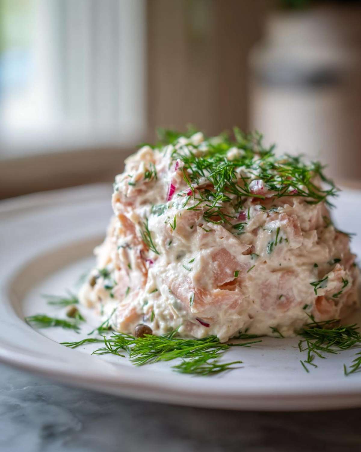 A serving of creamy smoked salmon dip garnished heavily with fresh dill and capers on a white plate.