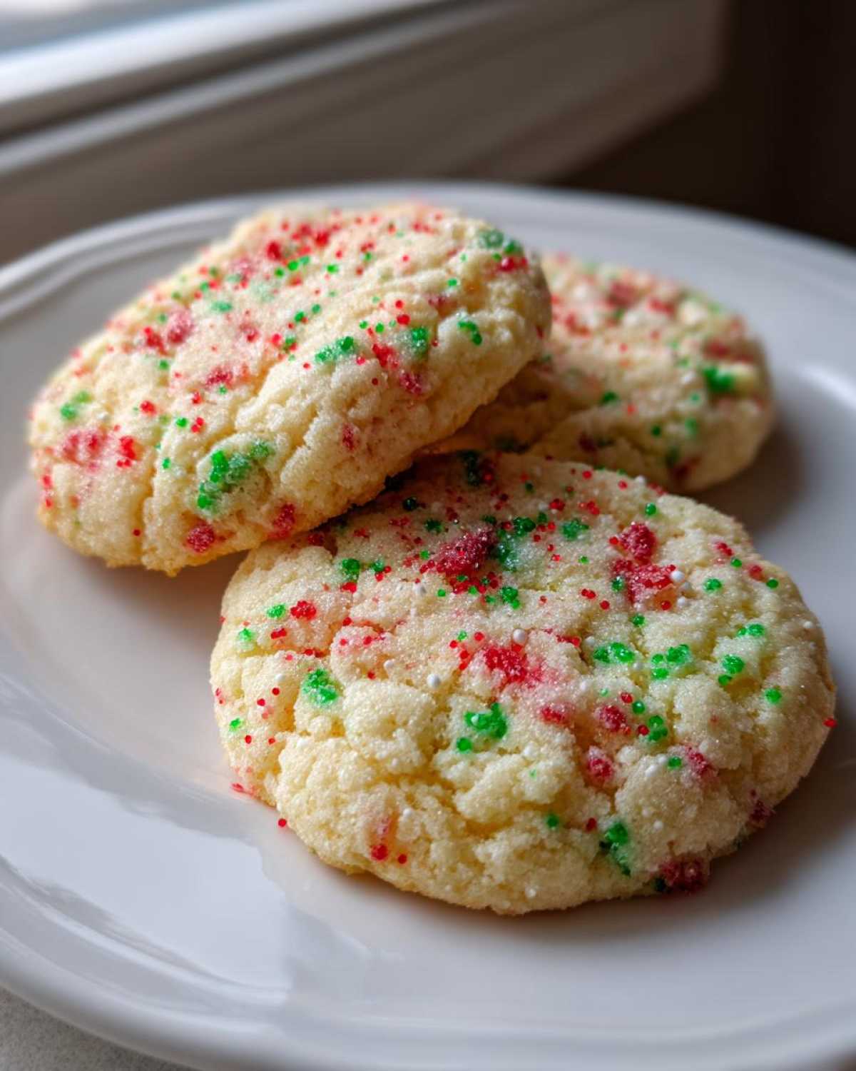 Three soft christmas sprinkle sugar cookies topped with festive red and green sprinkles resting on a white plate.
