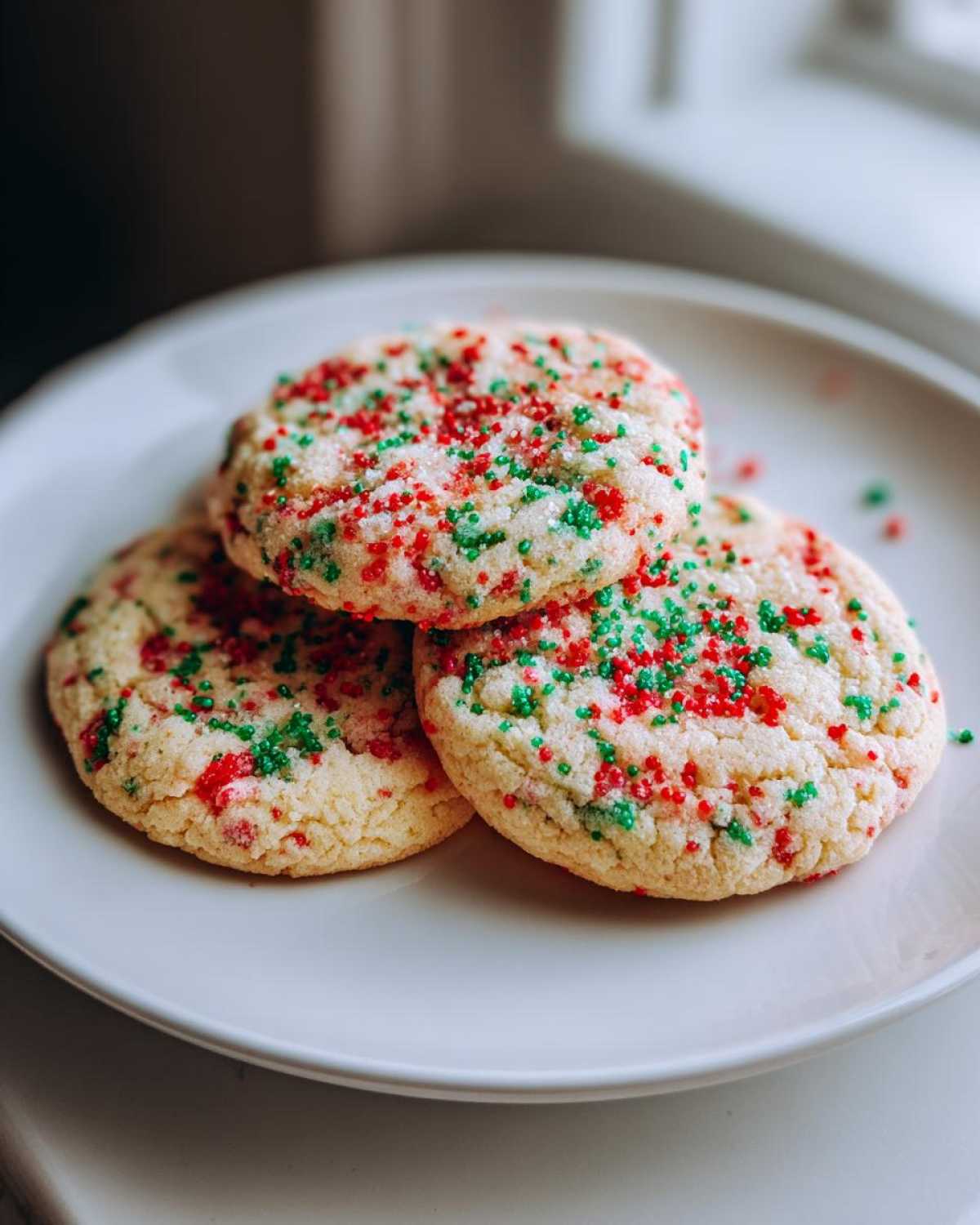 Three soft christmas sprinkle sugar cookies topped with red and green sprinkles on a white plate.