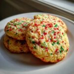 Close-up of soft christmas sprinkle sugar cookies topped with red and green festive sprinkles on a white plate.