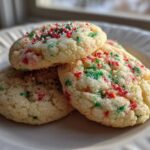 Three soft christmas sprinkle sugar cookies stacked on a white plate, topped with red and green holiday sprinkles.