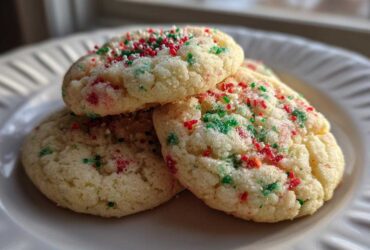Three soft christmas sprinkle sugar cookies stacked on a white plate, topped with red and green holiday sprinkles.