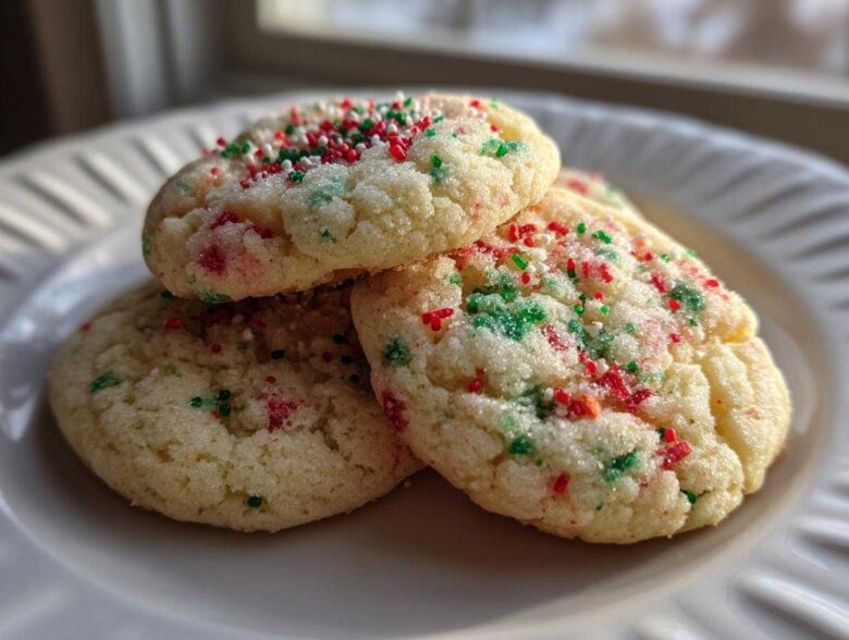 Three soft christmas sprinkle sugar cookies stacked on a white plate, topped with red and green holiday sprinkles.