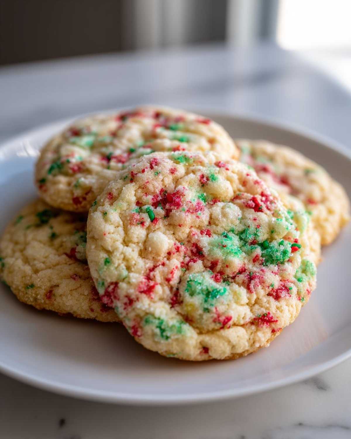 Close-up of soft christmas sprinkle sugar cookies topped with red and green sprinkles on a white plate.