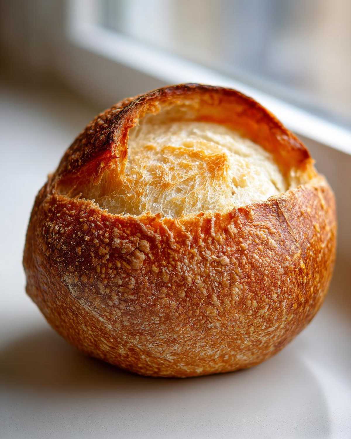 Close-up of a freshly baked, round sourdough bread bowl with a golden-brown, crusty exterior and the top cut open.