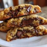 Close-up of stacked sourdough chocolate chip cookies, showing gooey, melted chocolate centers.