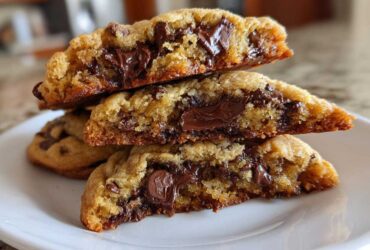 Close-up of stacked sourdough chocolate chip cookies, showing gooey, melted chocolate centers.