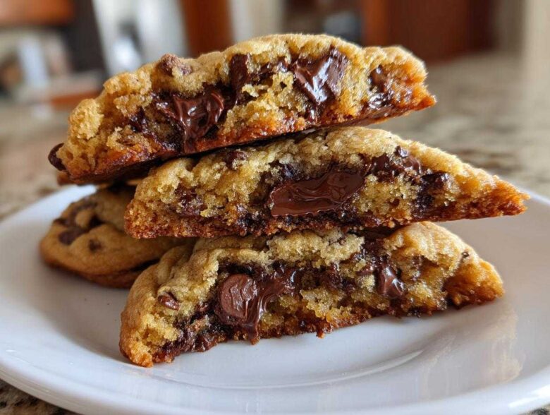 Close-up of stacked sourdough chocolate chip cookies, showing gooey, melted chocolate centers.