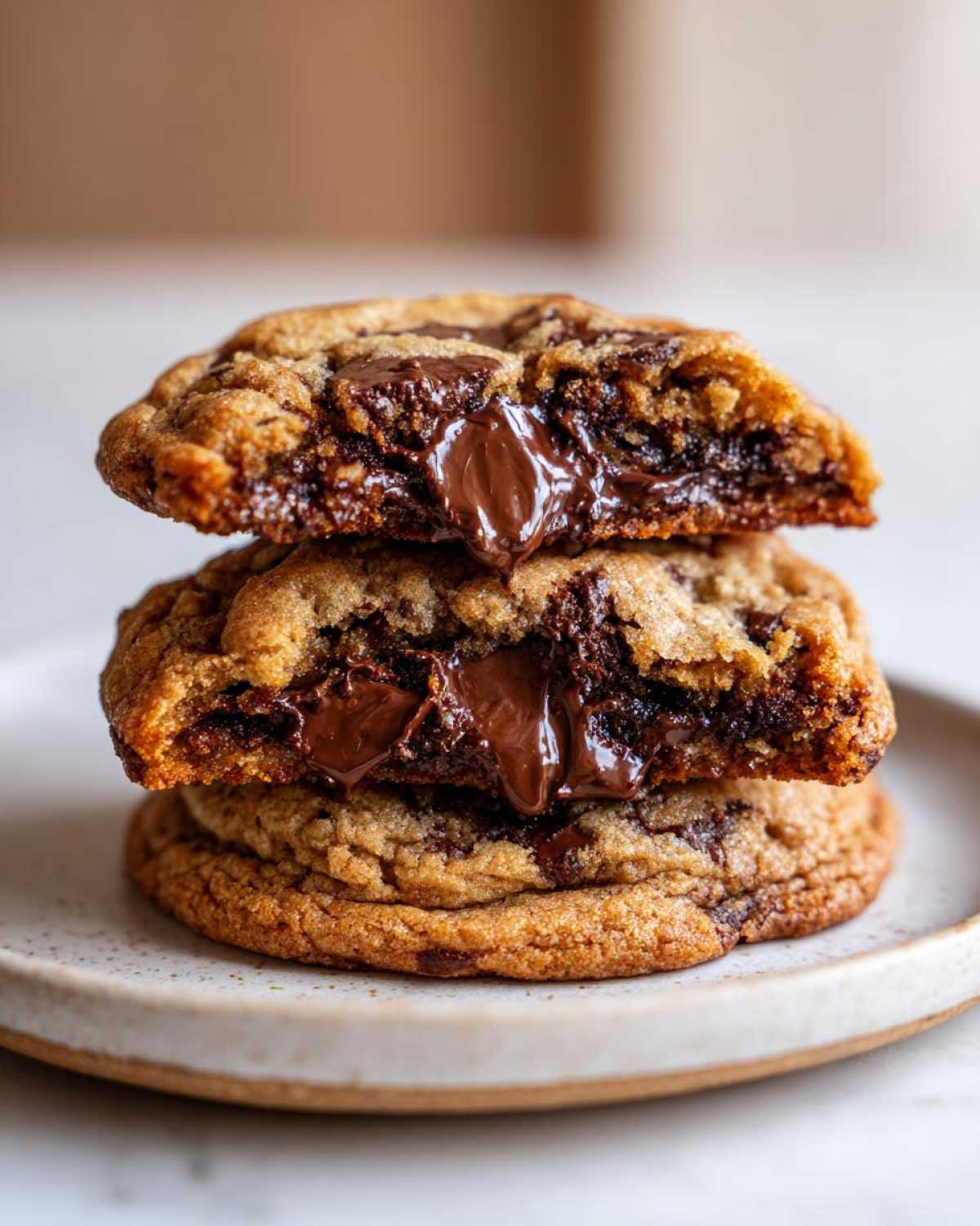 A stack of three sourdough chocolate chip cookies, with the top two cut in half revealing gooey, melted chocolate.