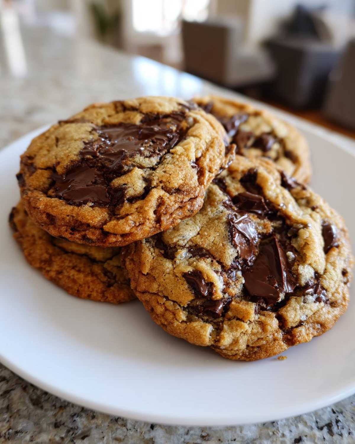 A stack of four gooey sourdough chocolate chip cookies with melted chocolate chunks on a white plate.