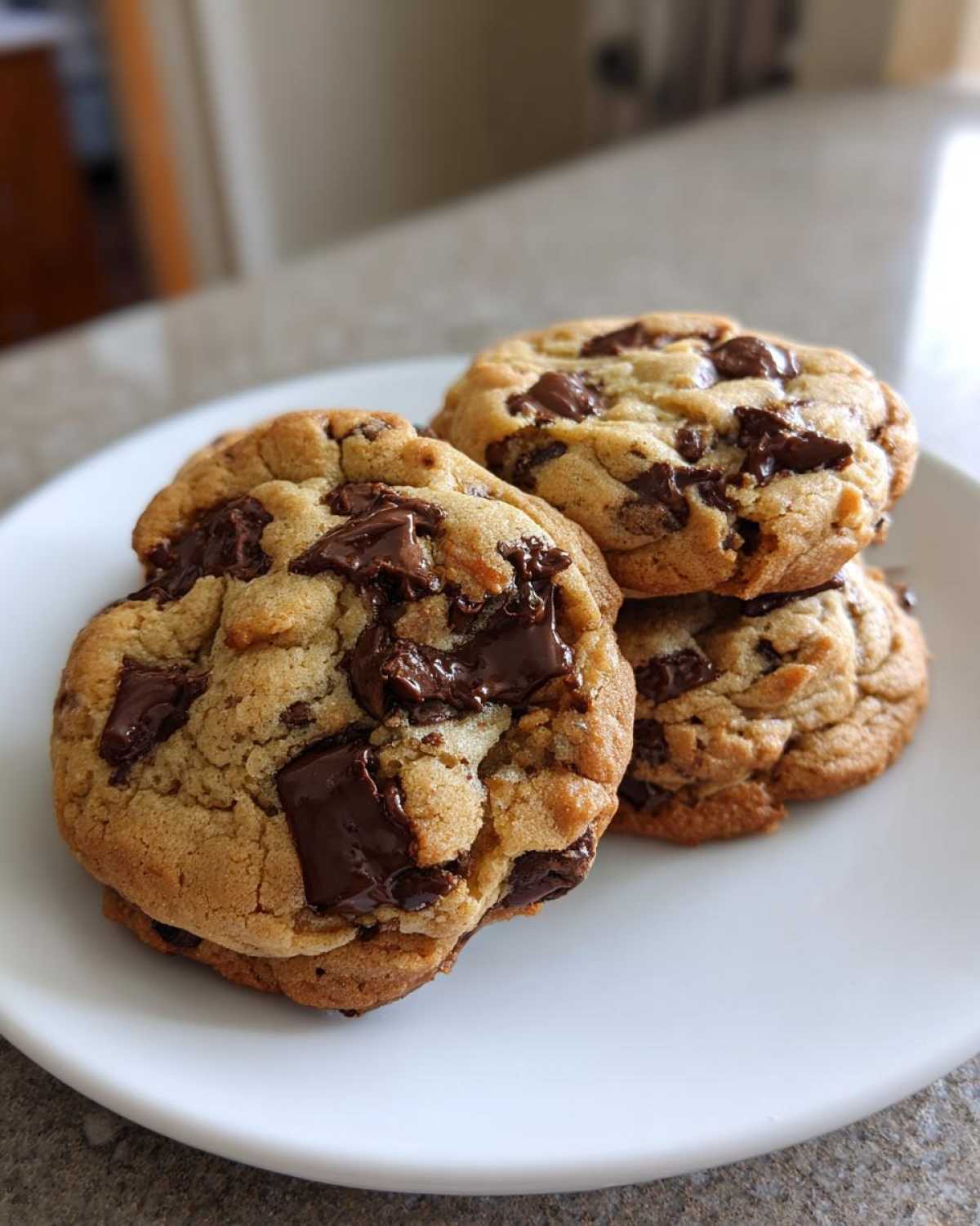 Three freshly baked sourdough chocolate chip cookies stacked on a white plate with gooey melted chocolate chunks.