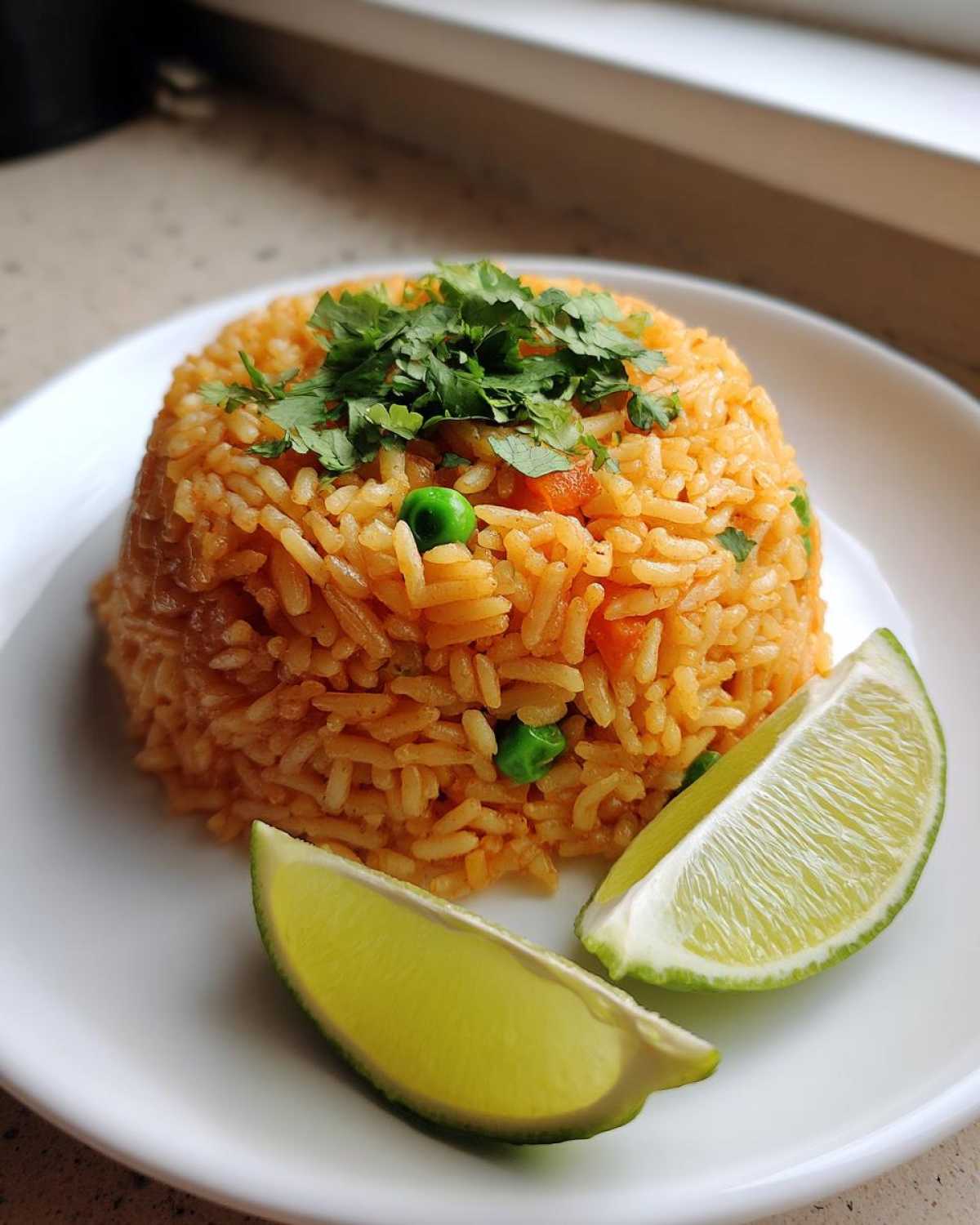 A mound of vibrant orange Spanish rice, mixed with peas and carrots, topped with cilantro and served with lime wedges.